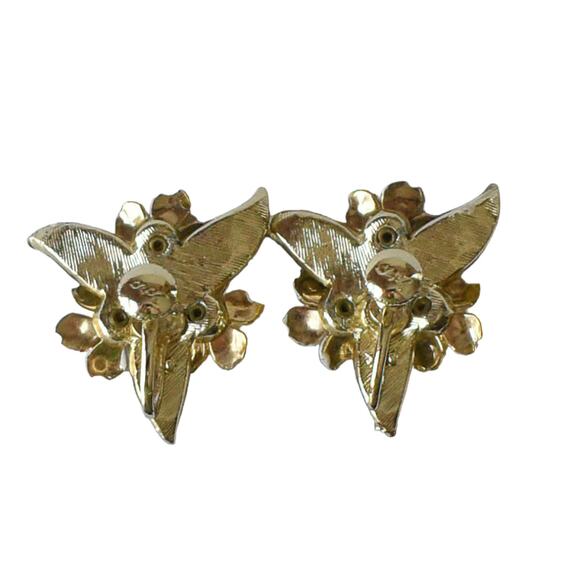 1950s Coro Gold Plate Peach Enamel & Rhinestone Flower Screw Back Earrings - Picture 2 of 4
